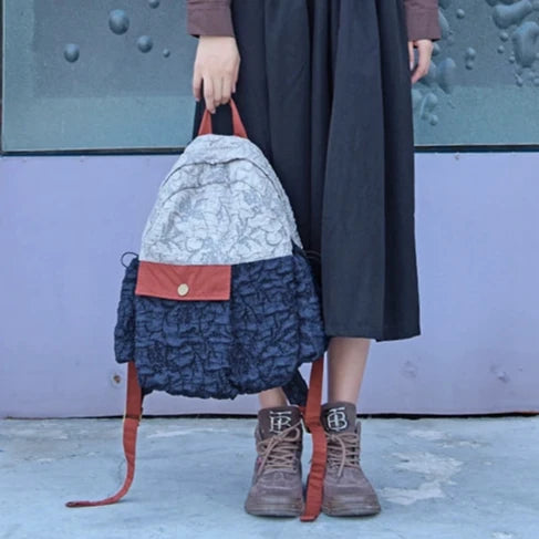 Babakud Retro Wide Strap Cotton Color Block Casual Backpack