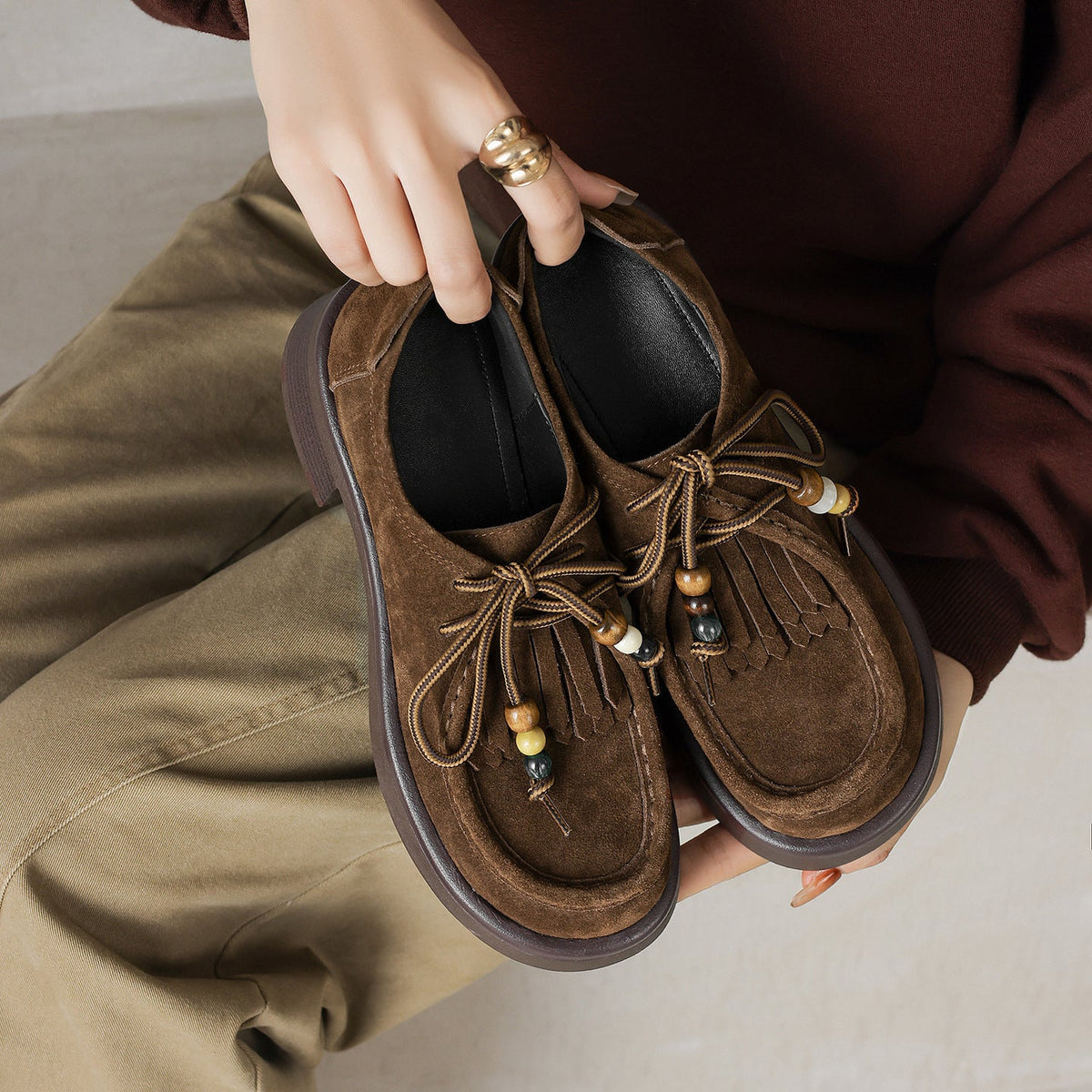 Women Casual Genuine Leather Lace-Up Loafer Flat Shoes
