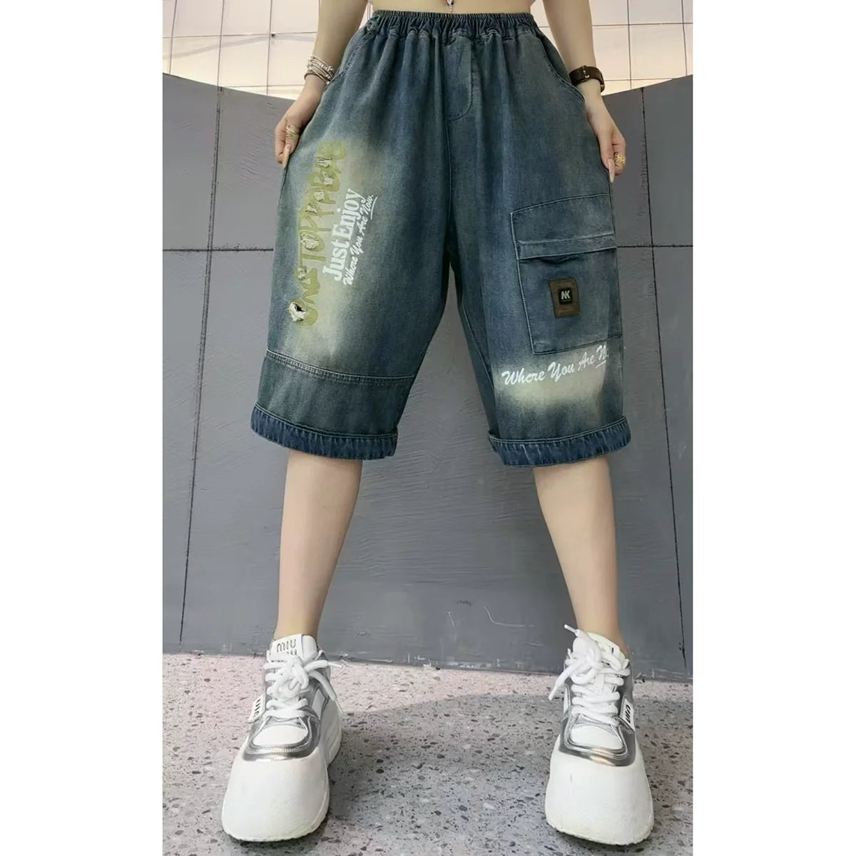 Summer Women Denim Loose Striped Patchwork Harem Shorts