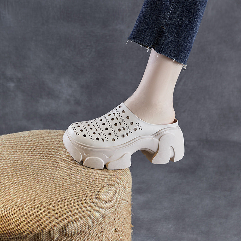 Summer Casual Leather Hollow Chunky Platform Slip On Shoes