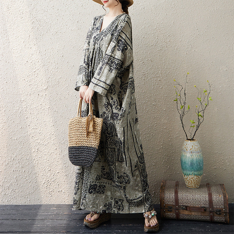 Autumn Retro Cotton Linen V-Neck Printed Loose Dress
