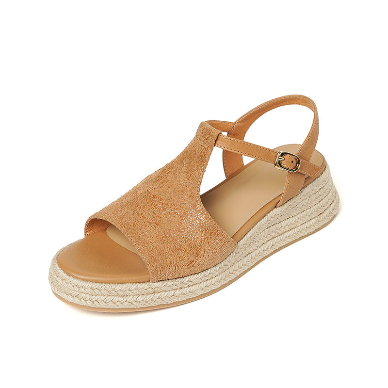 Summer Leather Casual Open Toe Straw Platform Sandals