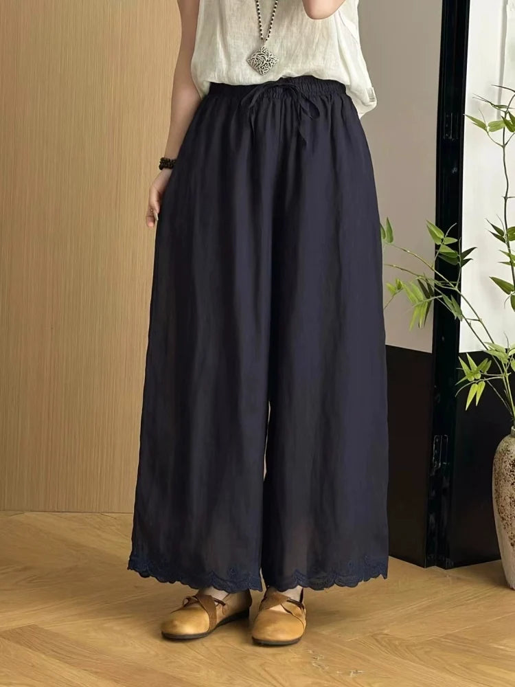 Summer Vintage Ramie Embroidered Elastic Waist Lace-Up Pants