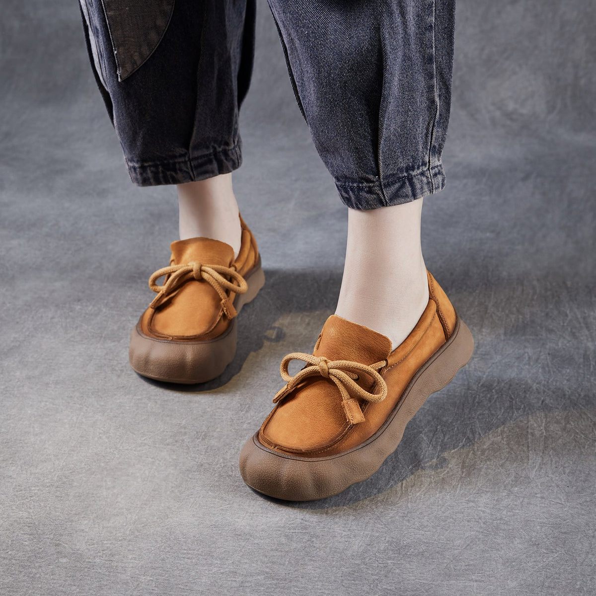 Retro Top Leather Round Toe Platform Lace-Up Slip-On Shoes