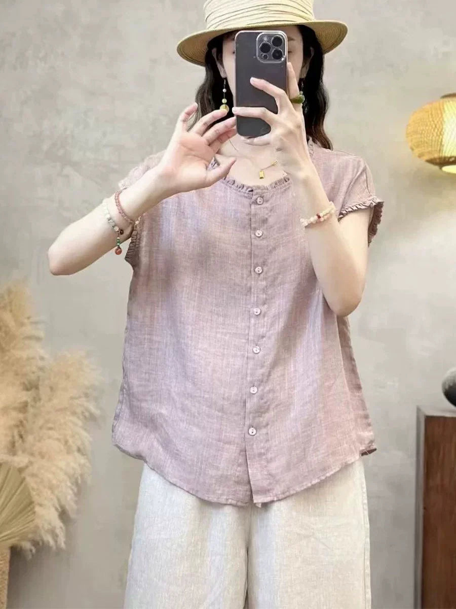 Summer Casual Ramie Round Neck Ruffle Collar Sleeveless Shirt