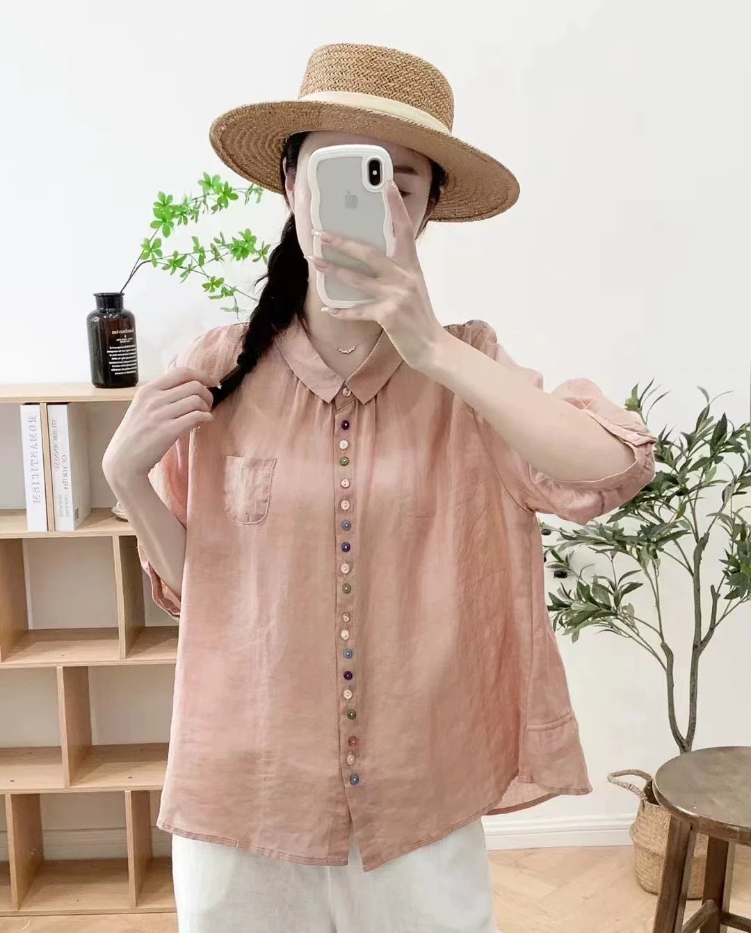 Summer Ramie Casual Versatile Colorful Button Loose Shirt