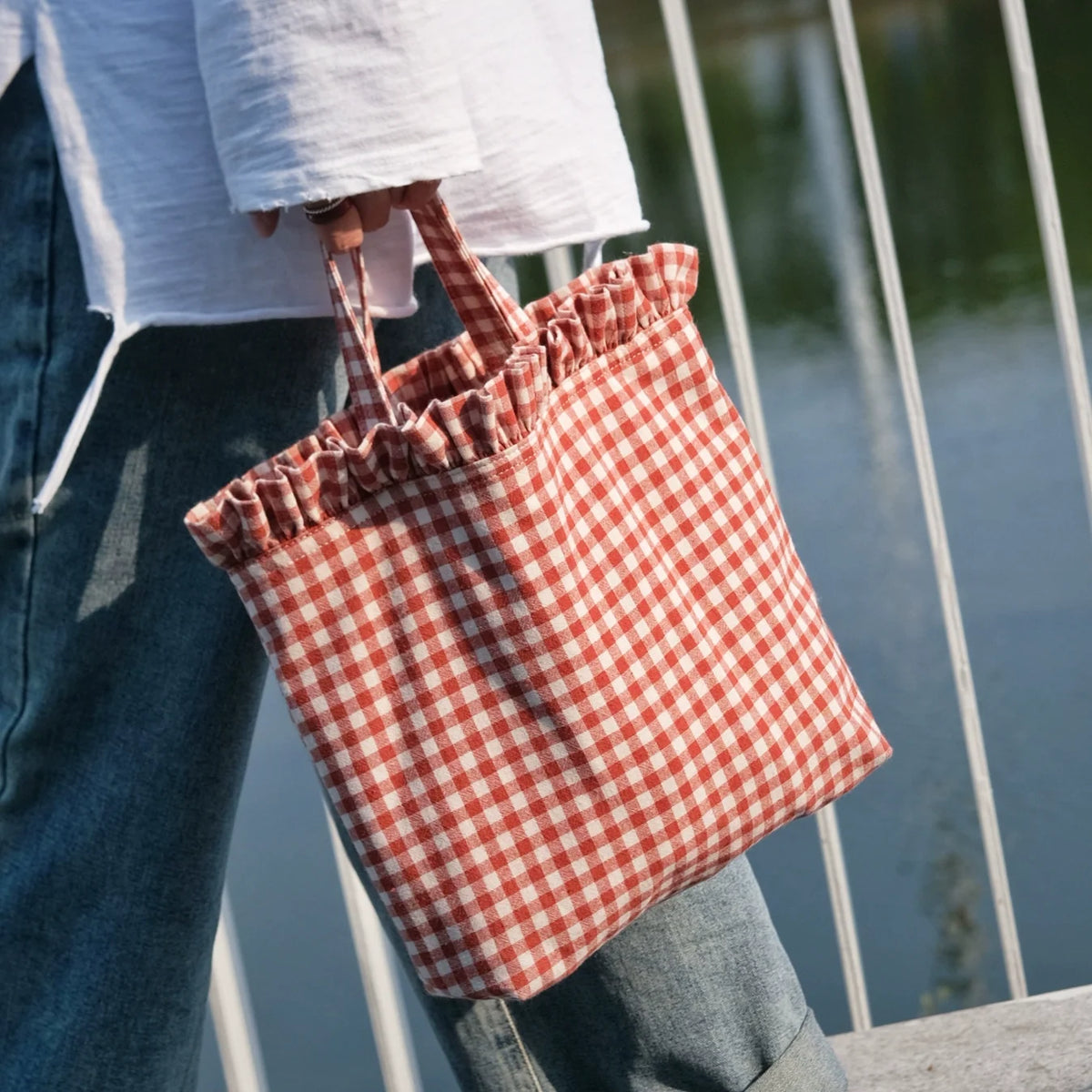 Babakud Vintage Cotton Gingham Bag Small Plaid Hand Carry Purse
