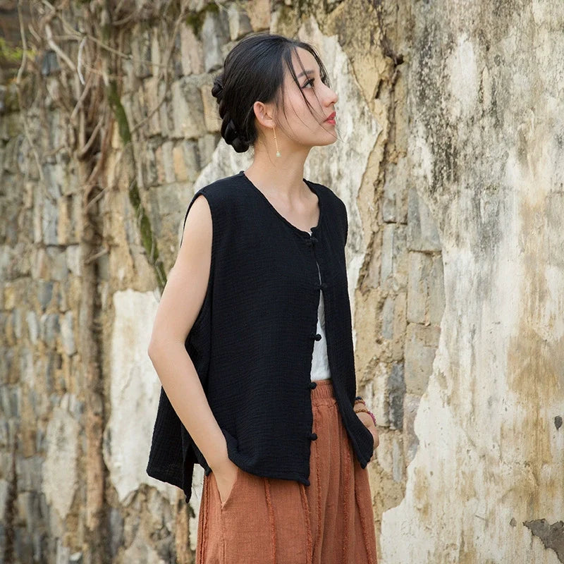 Summer Retro Linen V-Neck Sleeveless Casual Outwear
