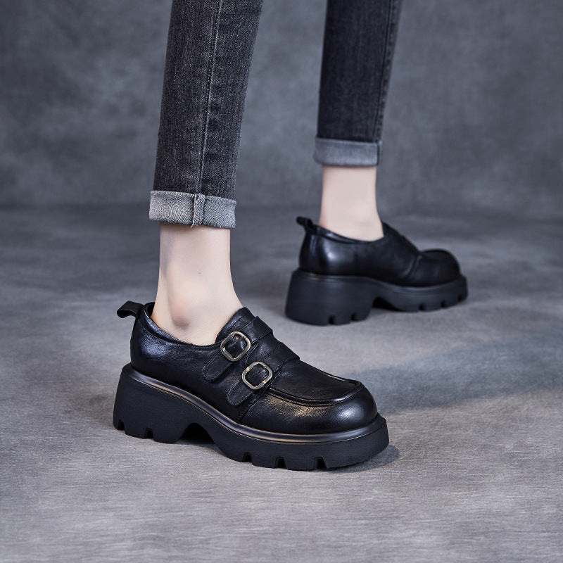 Babakud Women Spring Retro Chunky Loafers with Belt Buckle Design