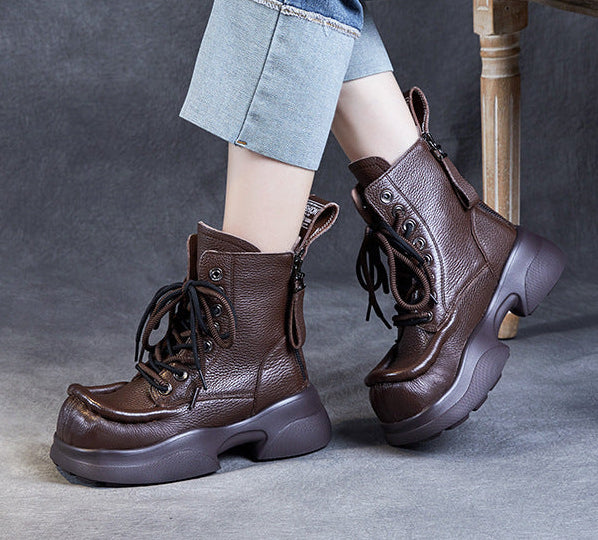 Ladies Stylish Square Toe Platform Lace-Up Leather Martin Boots