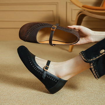 Retro Summer Leather Sueded Round Closed Toe One Straped Shoes