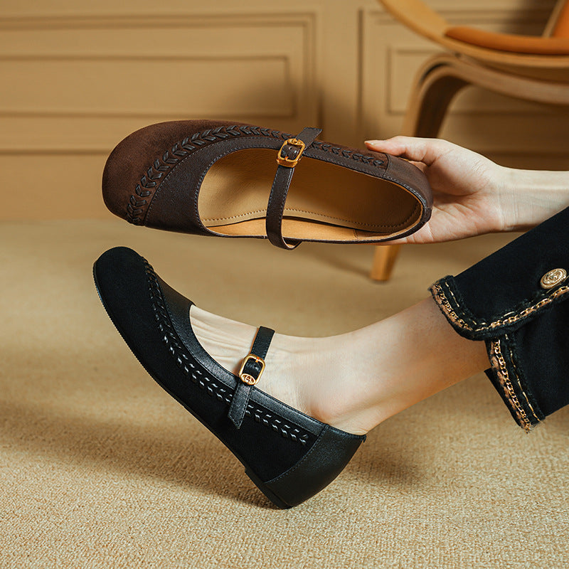 Retro Summer Leather Sueded Round Closed Toe One Straped Shoes