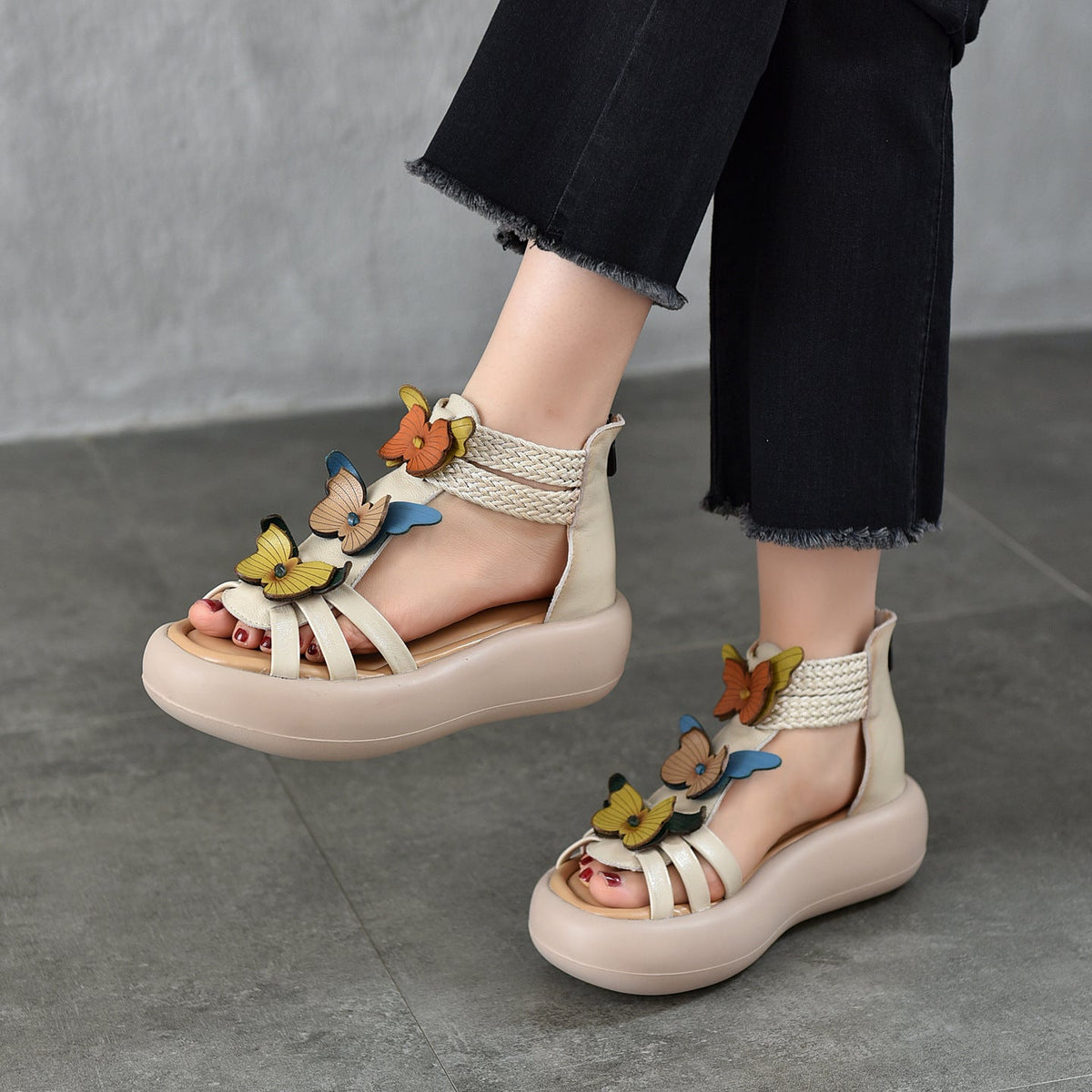 Babakud Retro Leather Platform Butterflies Floral Woveb Strap Sandals