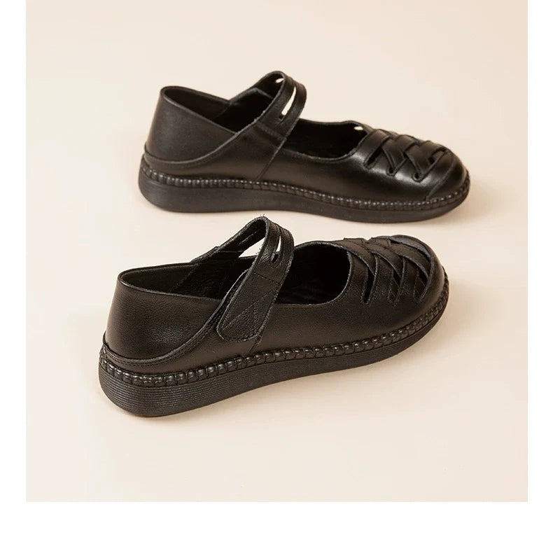 Leather Breathable Casual Closed Toe Woven Shallow Velcro Sandals