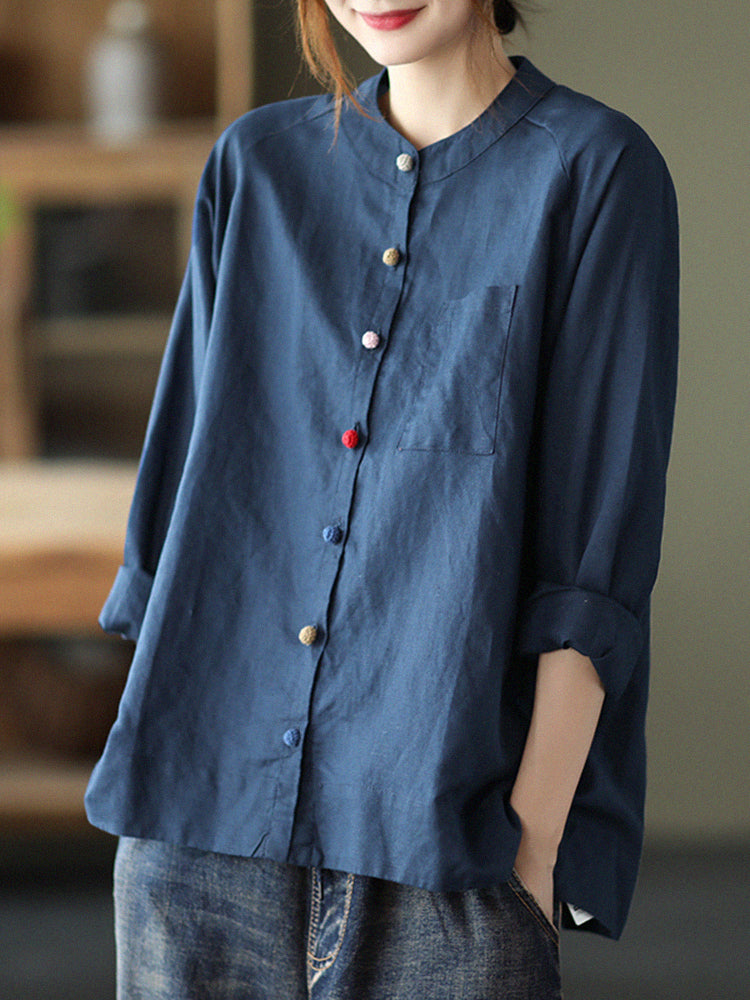 Loose Colorful Single-Breasted Casual Linen Shirts for Women