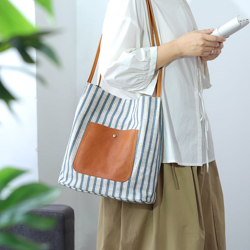 Babakud Vintage Striped Canvas Bucket Casual Tote Bag
