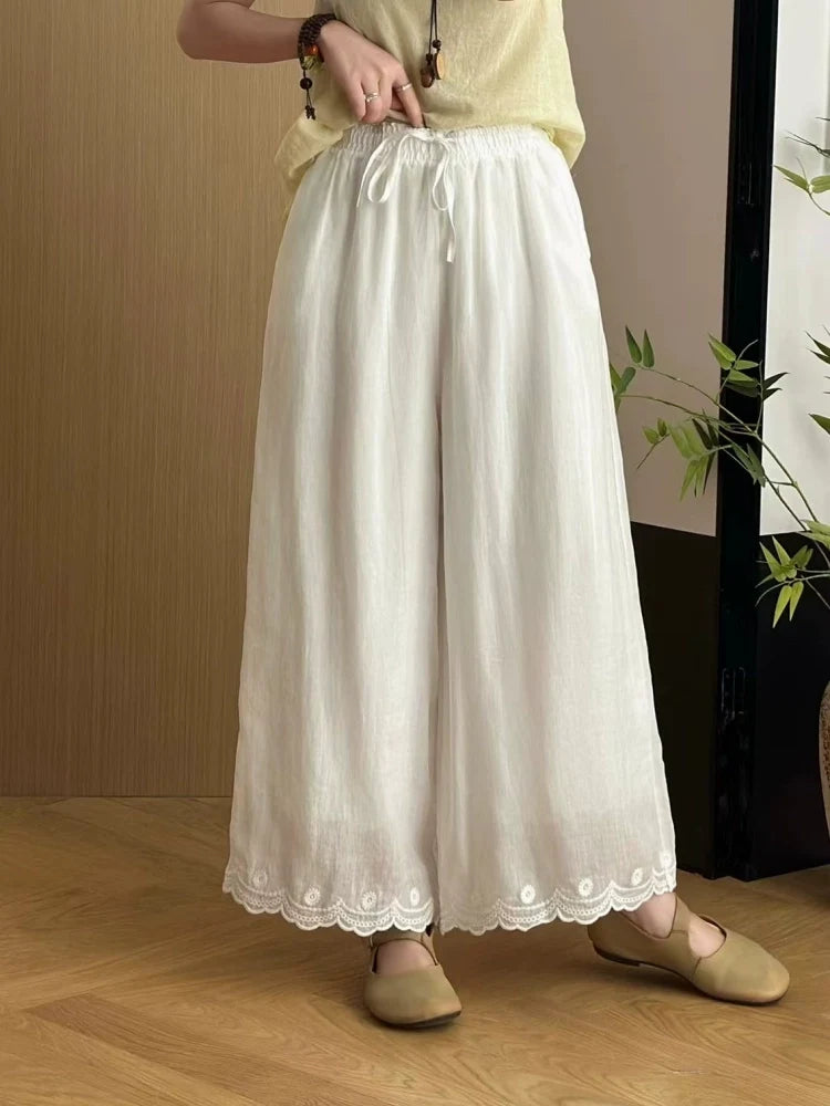 Summer Vintage Ramie Embroidered Elastic Waist Lace-Up Pants