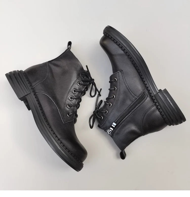 Babakud Women Top Leather Wide Round Toe Lace Up Boots
