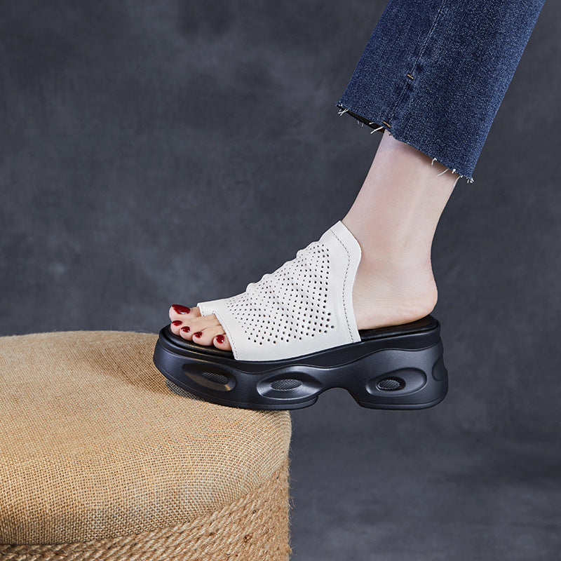 Summer Retro Genuine Leather Platform Hollow Toe Post Sandals