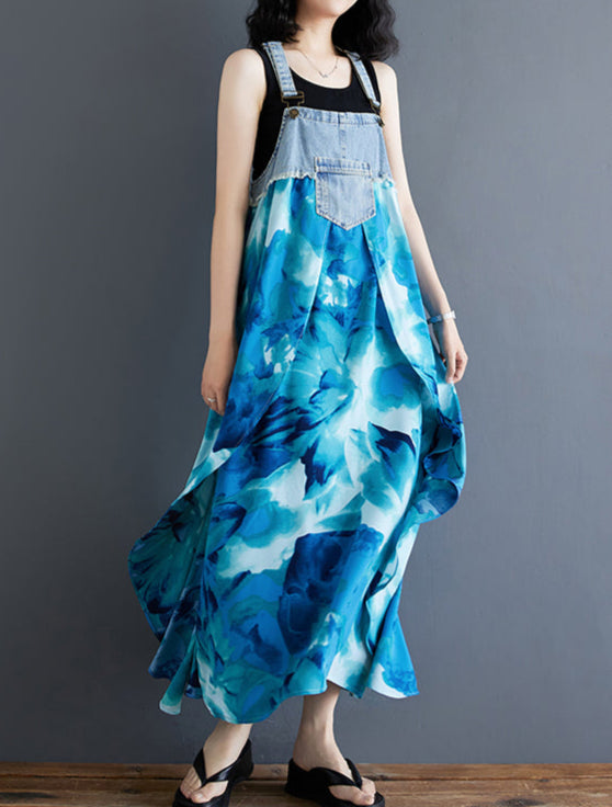 Women's Floral Spaghetti Strap Denim Patchwork Maxi Dress