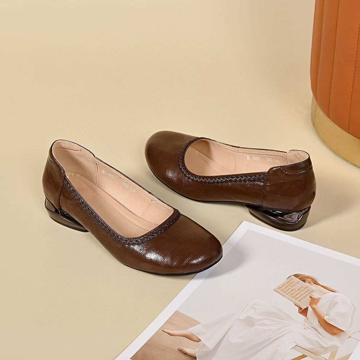 Genuine Leather Round Toe Shallow Slip-On Chunky Shoes