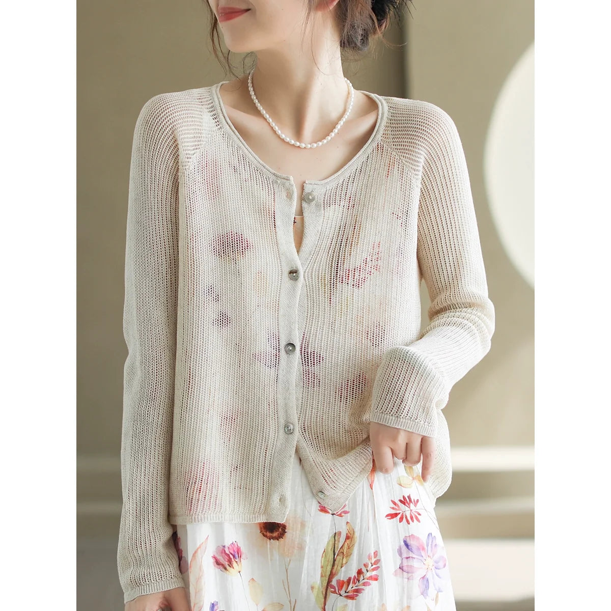 Women Autumn Linen Woven Round Neck Cardigans
