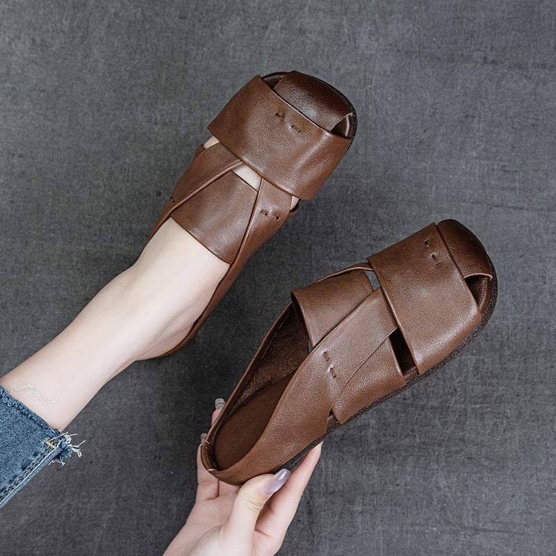 Summer Genuine Leather Thin Soft Sole Cut-Out Sandals Slippers