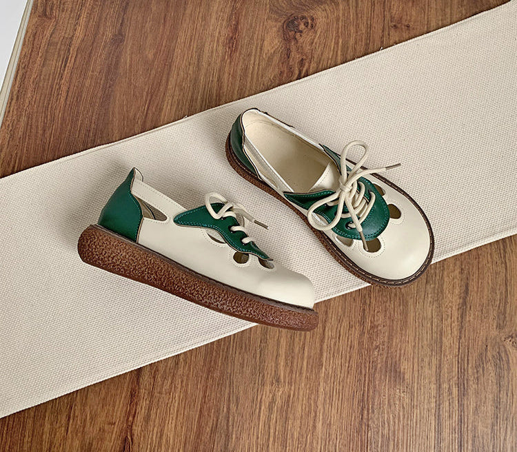 Women's Lace-Up Contrast Color Hollow Leather Casual Shoes