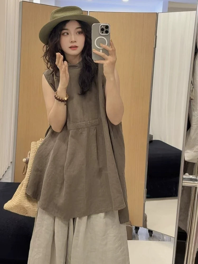 Summer Vintage Linen Sleeveless Loose Versatile Pullover