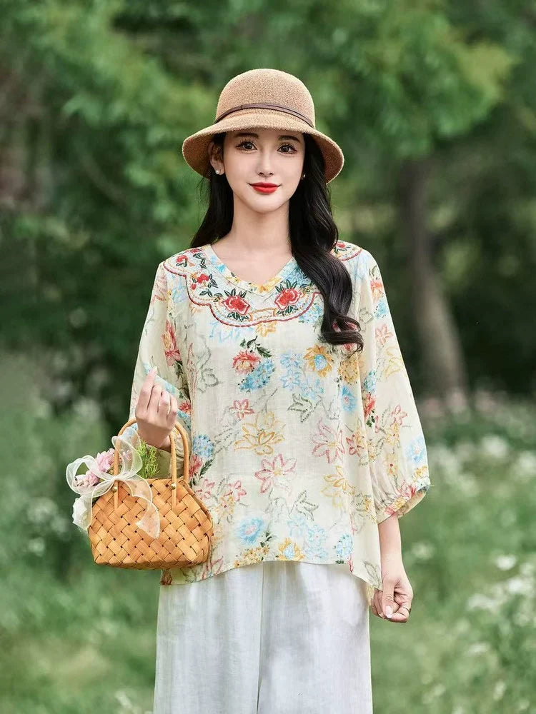 Summer Retro Ramie Floral Embroidered V-Neck Shirt