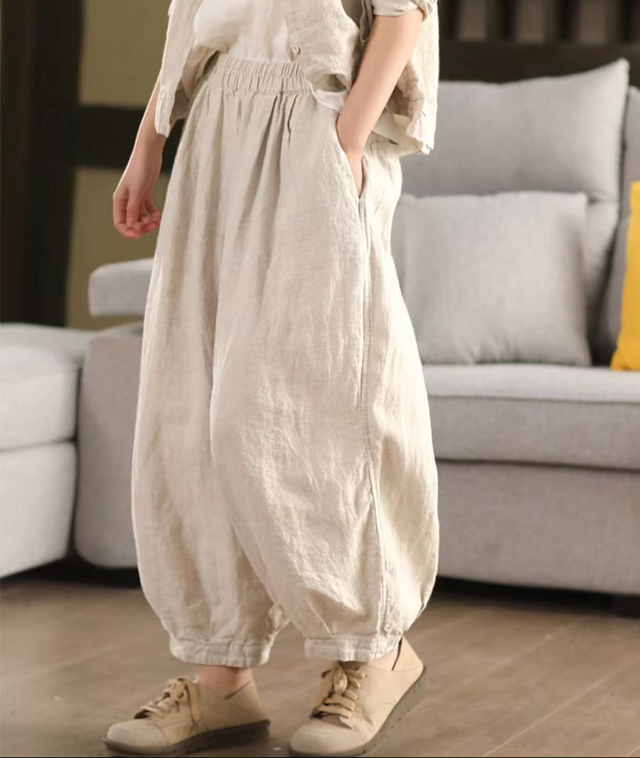 Ladies Spring Loose Vintage Washed Solid Linen Harem Pants