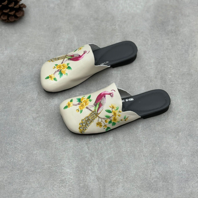 Retro Ethnic Style Embossed Flat Genuine Leather Slippers