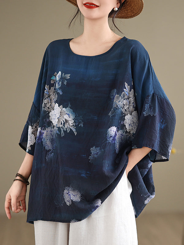 Blue Plus Size Bat Sleeves Round Neck Cotton Linen T-Shirt