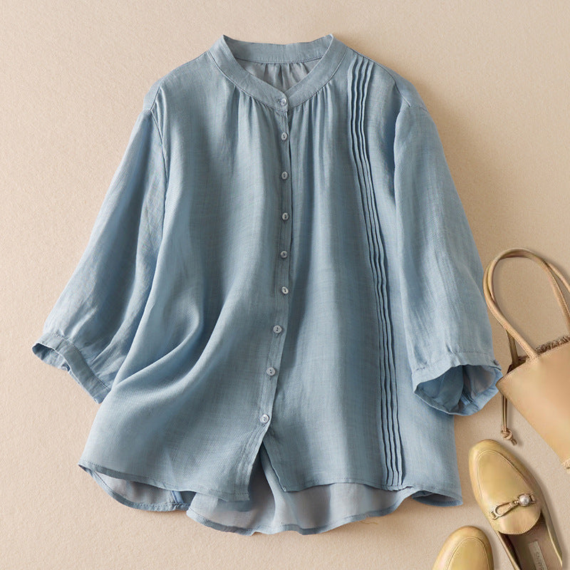 Women Autumn Retro Cotton Linen Stand Collar Loose Shirt