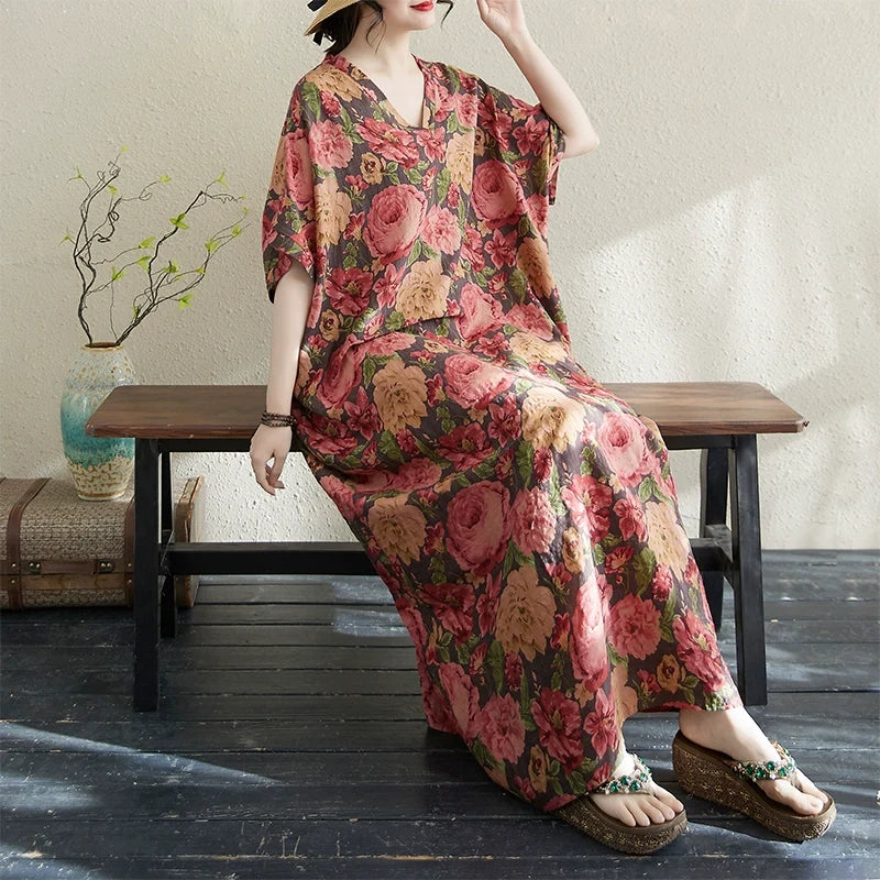 Women Summer Ethnic Cotton-Linen Printed Floral Long Dress