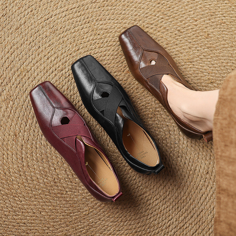 Retro Sheepskin Leather Square Toe Crossing Straped Shoes