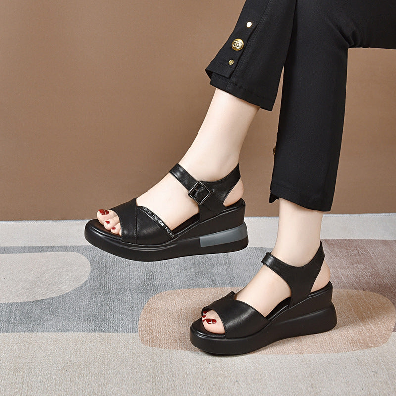 Summer Casual Leather Open Toe Soft Thick Sole Velcro Sandals