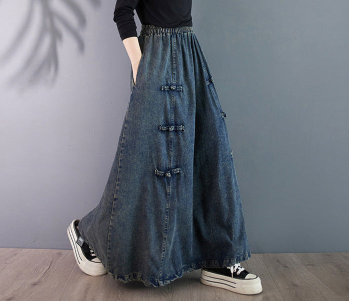 Vintage Elastic Waist Buttoned Denim A-Line Skirt