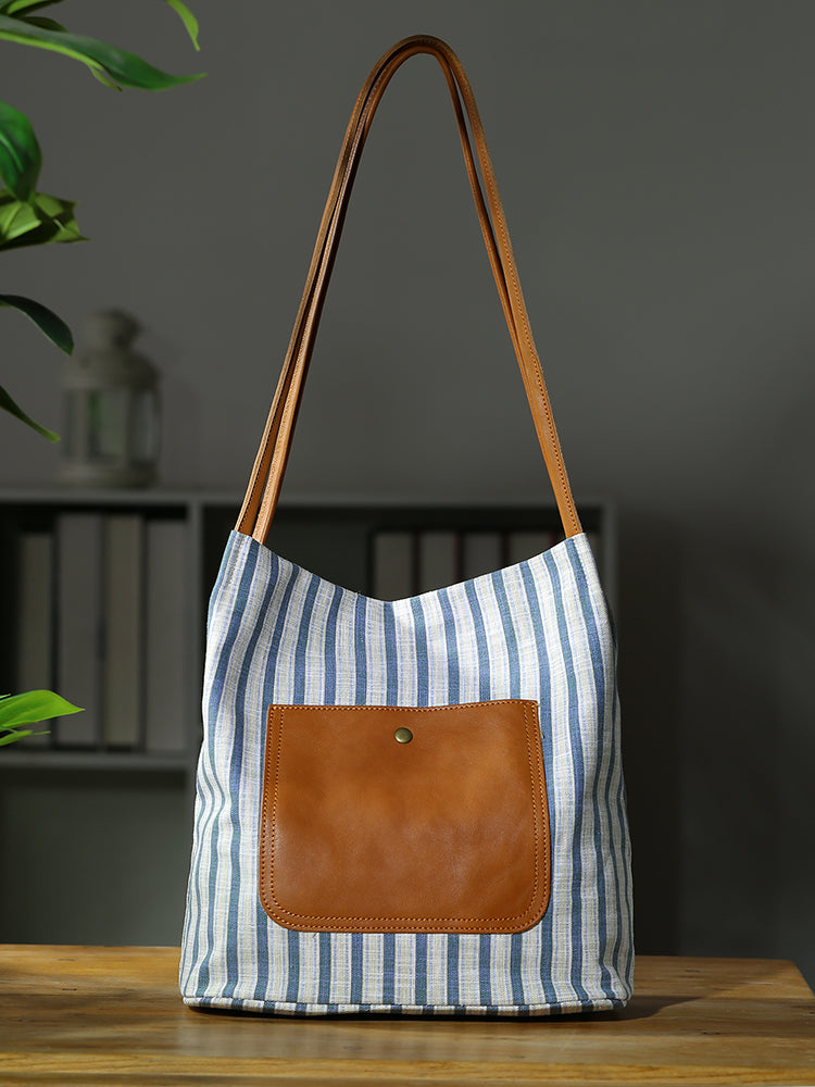 Babakud Vintage Striped Canvas Bucket Casual Tote Bag