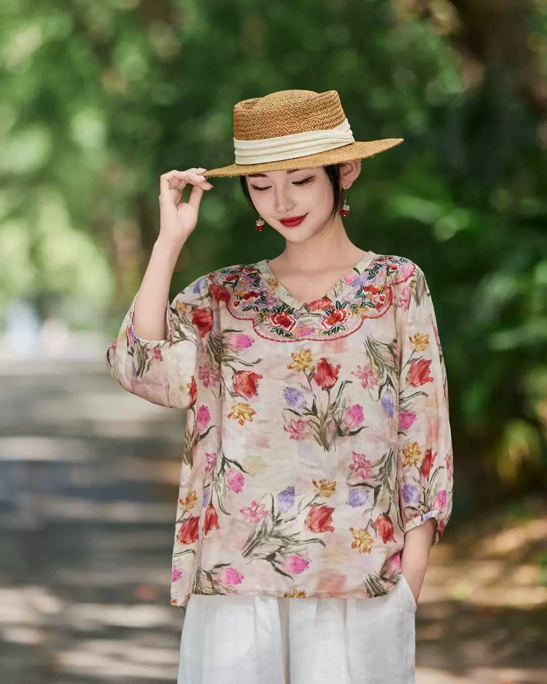 Summer Retro Ramie Floral Embroidered V-Neck Shirt