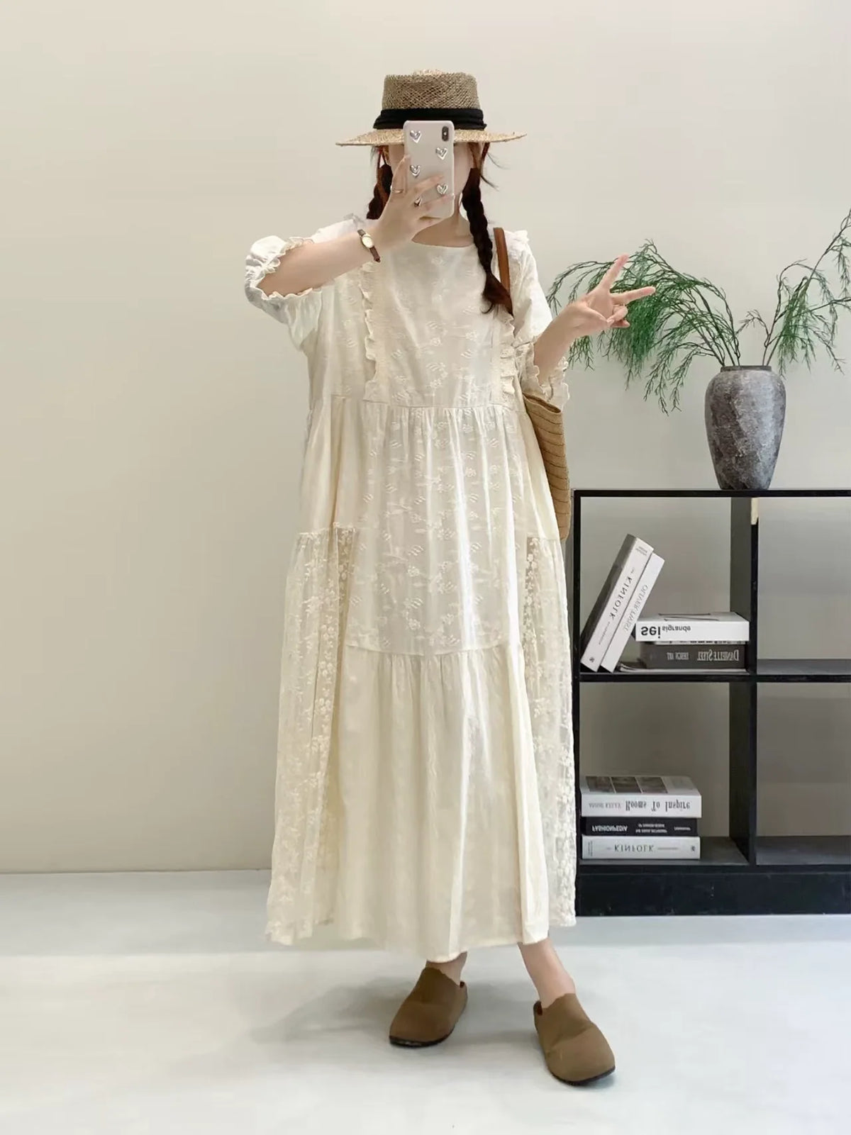 Retro Cotton Linen Lace Patchwork Loose Embroidered Dress