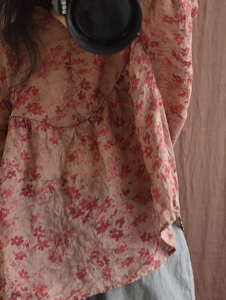 Ladies Vintage Floral Printed Lightweight Loose Ramie Blouses