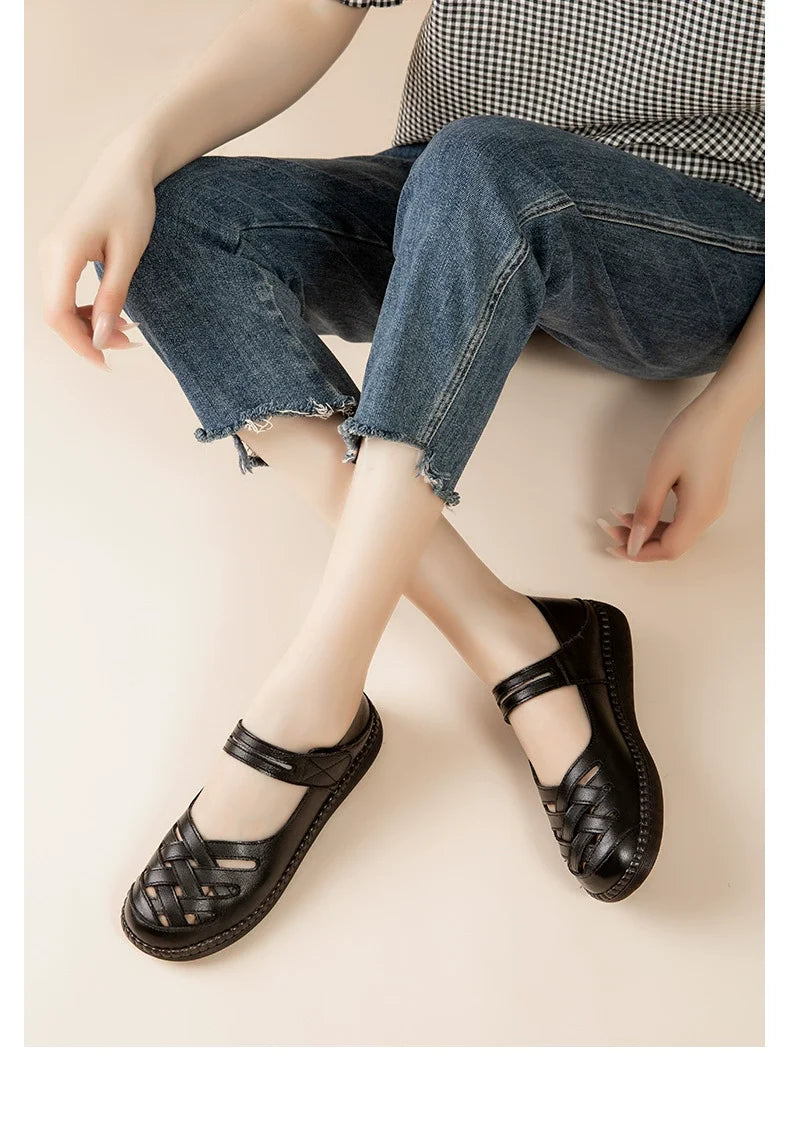 Leather Breathable Casual Closed Toe Woven Shallow Velcro Sandals