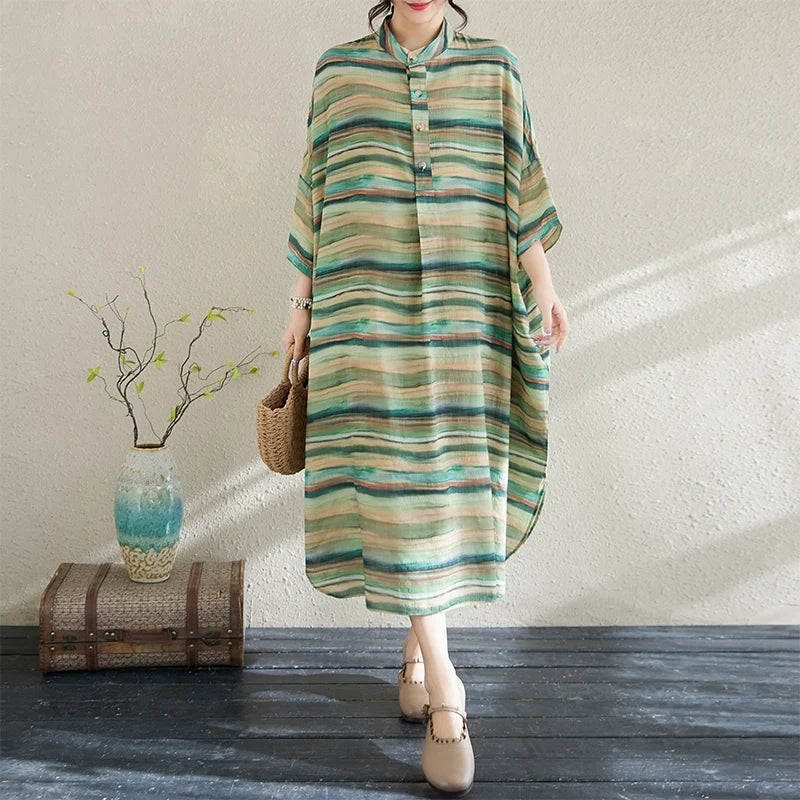 Women Spring Retro Loose Printed Buttoned Plus Size Dress