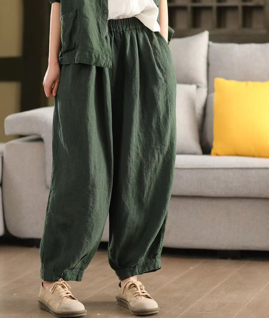 Ladies Spring Loose Vintage Washed Solid Linen Harem Pants
