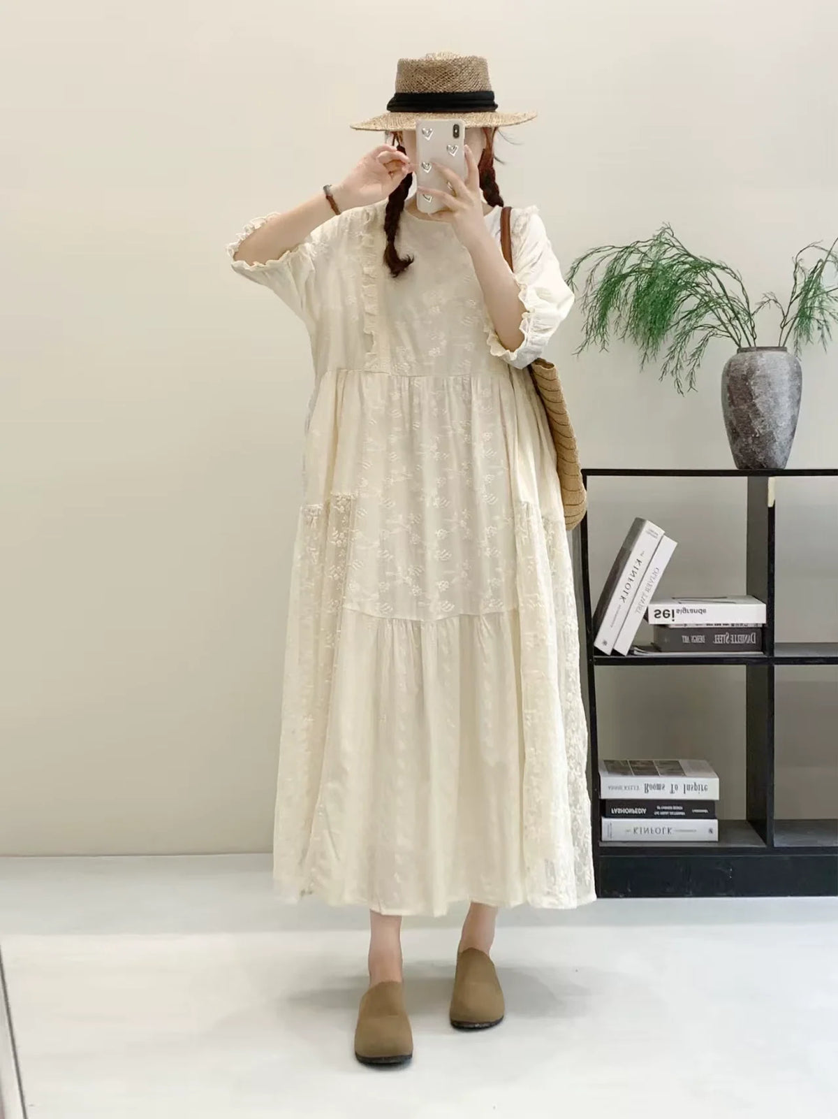 Retro Cotton Linen Lace Patchwork Loose Embroidered Dress