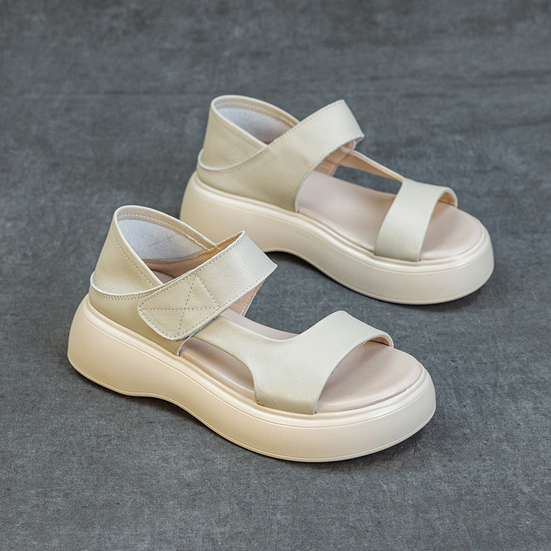 Summer Casual Leather Open Toe Platform Velcro Shoes