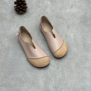 Ladies Retro Contrast Low Heeled Soft Leather Slip-On Shoes