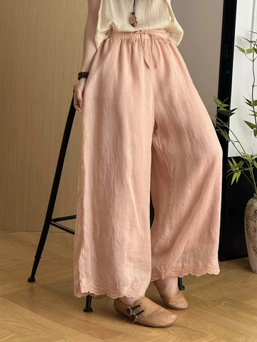 Summer Vintage Ramie Embroidered Elastic Waist Lace-Up Pants