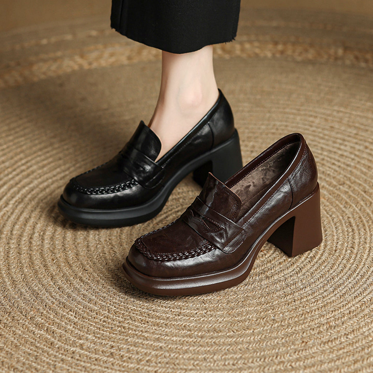 Vintage Fashionable Sheepskin Leather Chunky Platform Shoes
